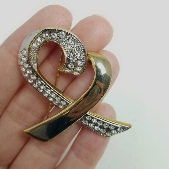 Vintage Rhinestone Heart Shape Brooch, Gold Tone Ribbon Design, Estate - Picture 1 of 6
